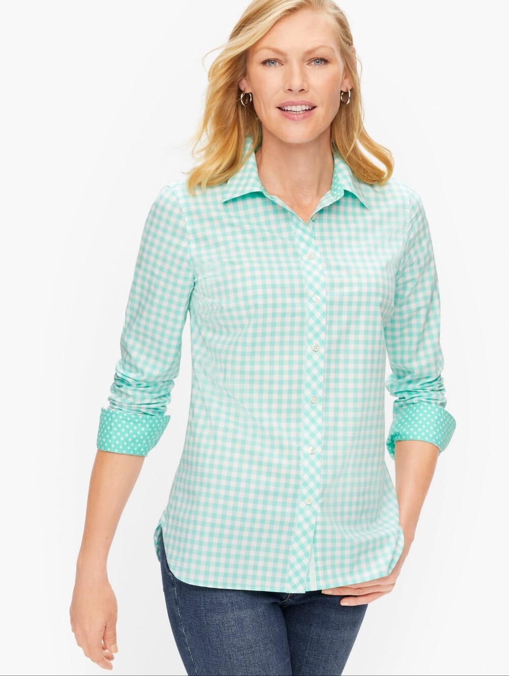 Talbots 🩵 Turquoise Aqua Blue Gingham Long Sleeve Button Up Shirt - Women's L